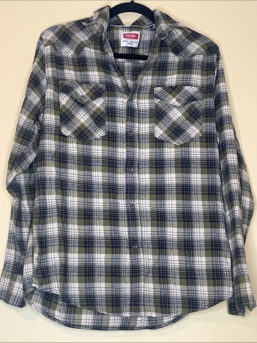 Wrangler Olive, White & Navy Plaid Casual Button-Down